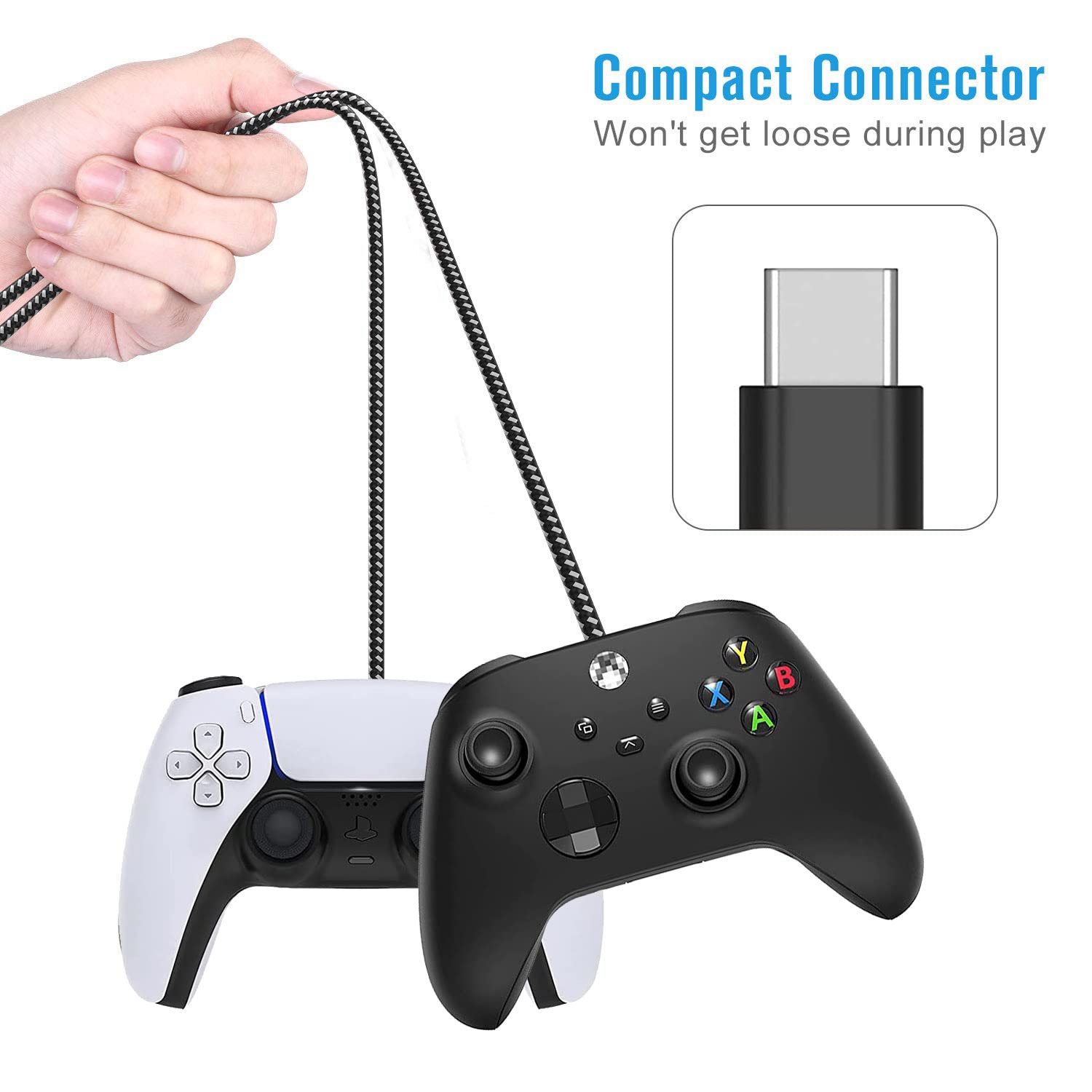 2-Pack 10FT Nylon Braided USB-C Charger Cable - Fast Charging Cord Compatible with Samsung Galaxy S10/S9/S8/S20 Plus/A51/A12/A11, Note 10/9/8, PS5 Controller, Xbox Series X/S Controller (Blue & White) | Durable Charging for Gaming, Travel & Home Use