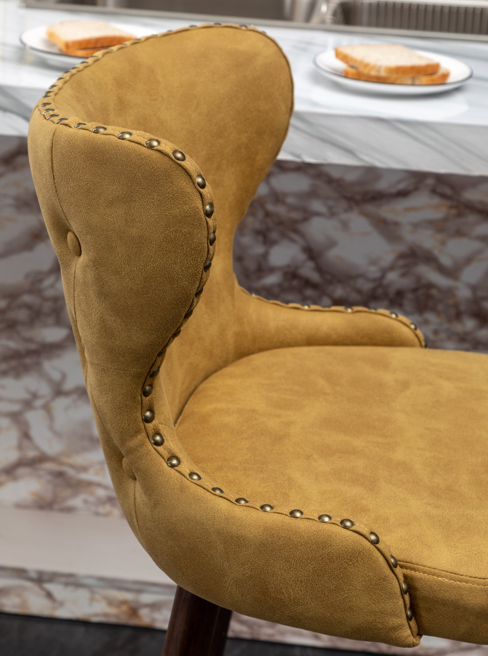 Roundhill Furniture Nevis Mid-Century Modern Faux Leather Tufted Bar Stools with Nailhead Trim - Set of 2 Yellow Counter Height Stools for Kitchen Island, Breakfast Bar & Home Decor