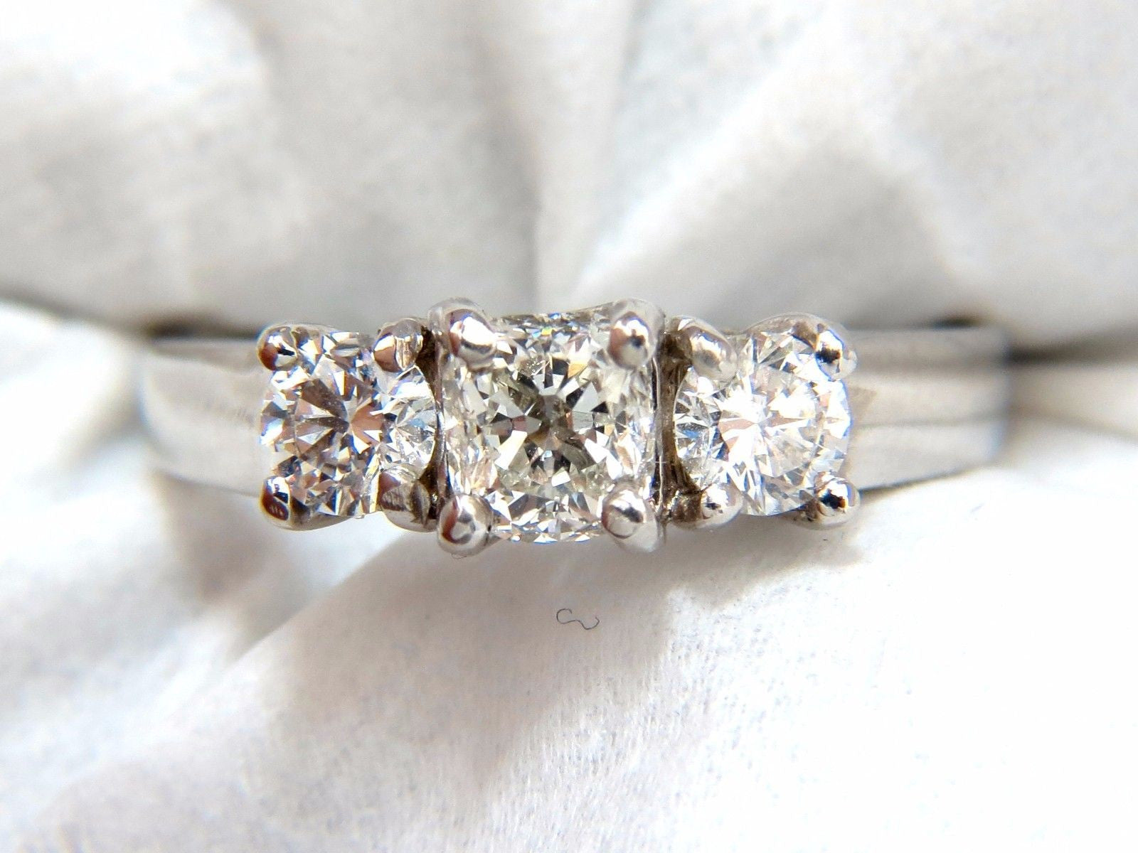 1.08CT Classic Three Natural Cushion & Round Diamond Ring in 14KT White Gold - Elegant Engagement, Wedding, or Anniversary Jewelry Gift for Women
