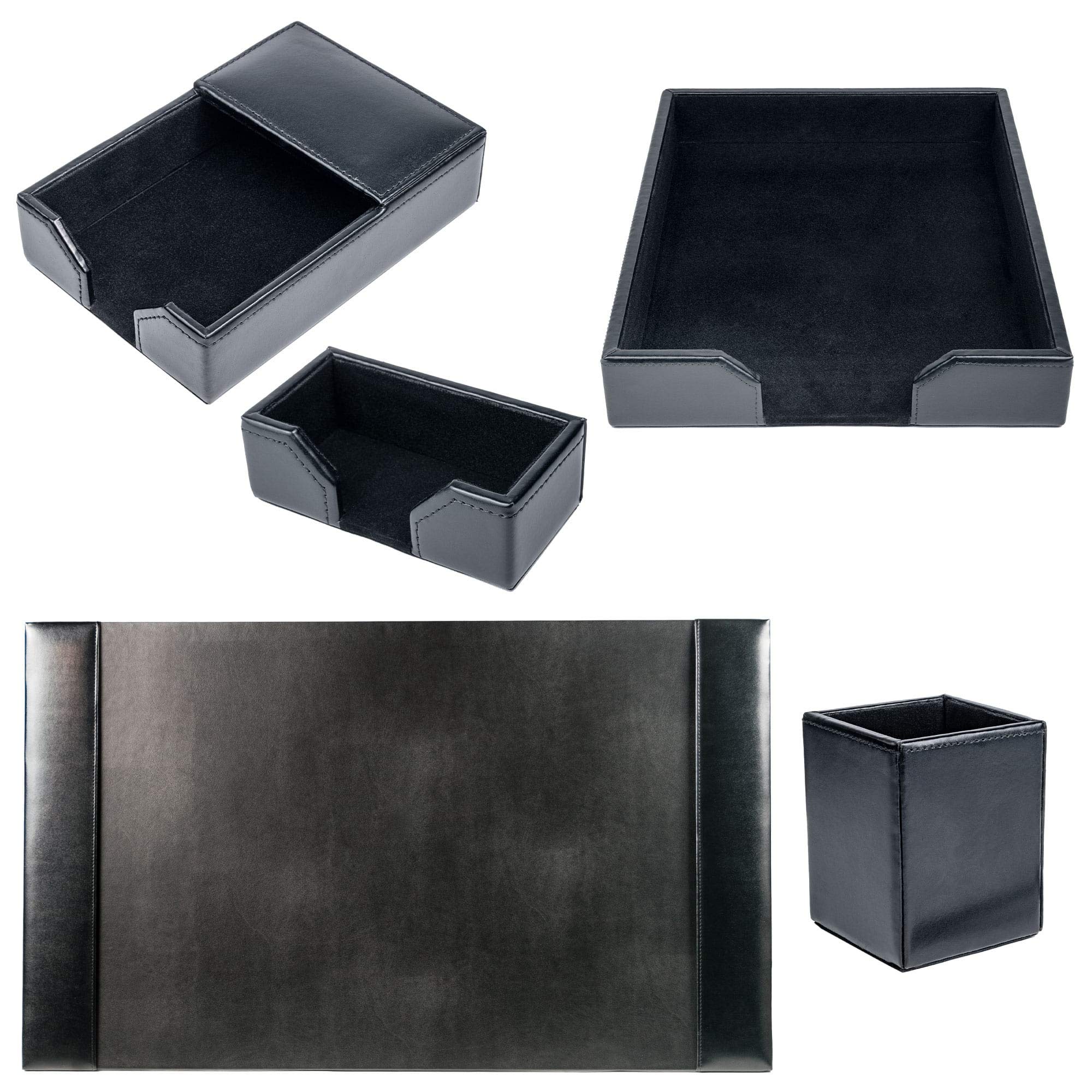 Dacasso Black Bonded Leather 5-Piece Office Desk Set - Includes Pen Holder, Letter Tray, and More for Home & Office Organization