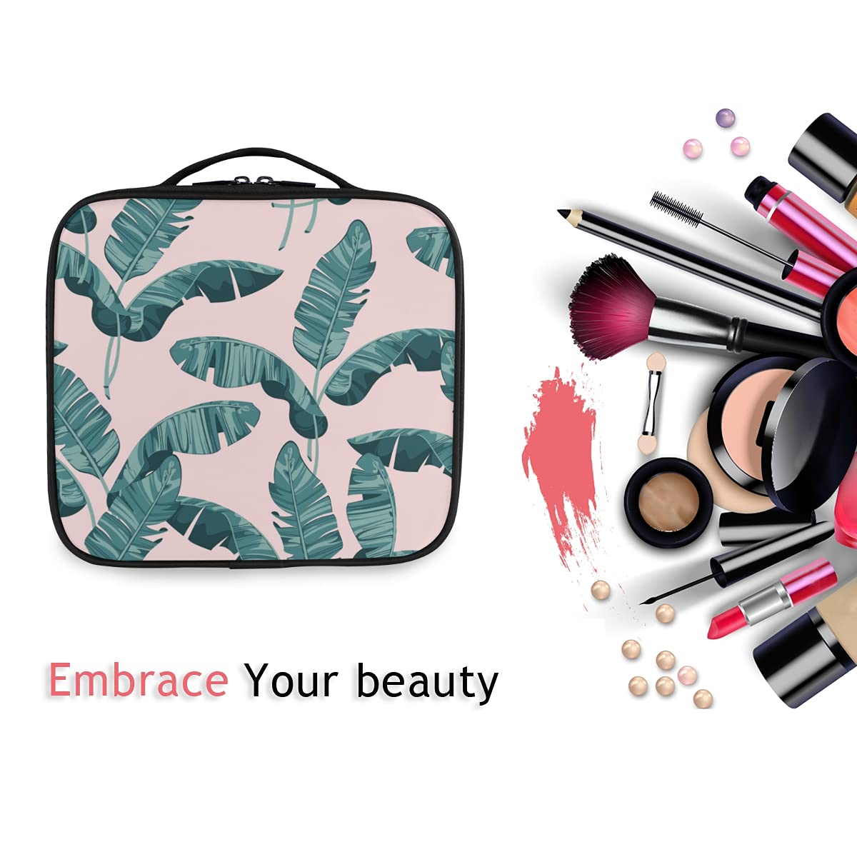 Exotic Palm Banana Leaves Travel Makeup Case - Large Cosmetic Bag Organizer for Women | Perfect for Vacation, Beach Trips & Daily Makeup Storage
