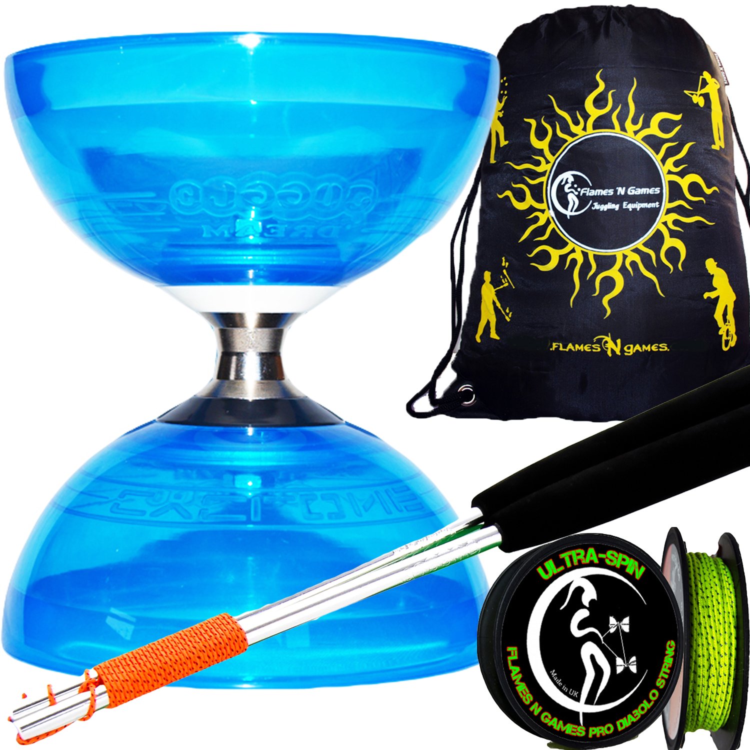 Diabolo Cyclone 'Quartz' (Blue) - Professional Triple Bearing Medium Diabolo with Aluminum Sticks & Ultra-Spin 10m String - Perfect for Juggling Performances, Circus Training, and Outdoor Play - Includes Carry Bag