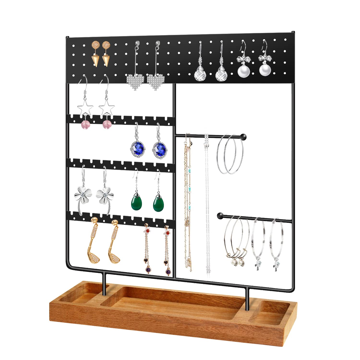 Mocolo Jewelry Organizer - Wooden Earring Holder with 110 Holes & Tray for Earrings, Necklaces, Bracelets, Watches & Rings - Perfect for Bedroom Vanity, Jewelry Store Display & Travel Storage