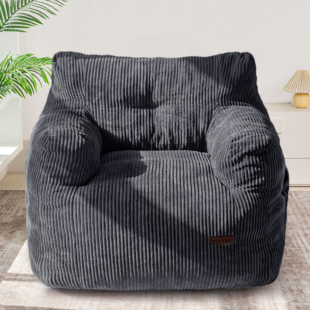 MAXYOYO Tufted Corduroy Bean Bag Chair with Filler - Oversized Lazy Sofa for Adults & Teens, Dark Grey - Perfect for Living Room, Bedroom & Game Room Relaxation