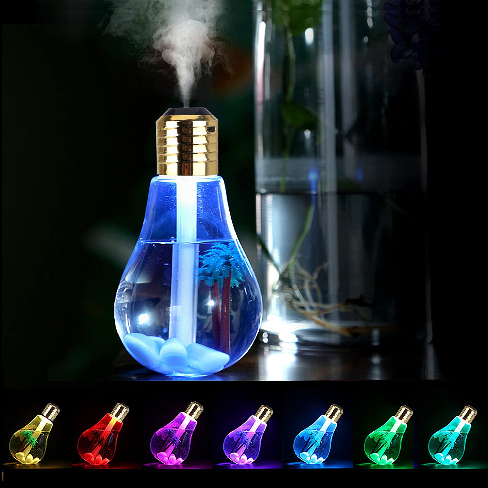 7-Color Changing USB Air Bulb Humidifier with LED Night Light - Portable Mini Mist Diffuser & Purifier for Dorm, Office, Desk, Bedroom - Gold (Ideal for Aromatherapy, Dry Air Relief & Decorative Lighting)