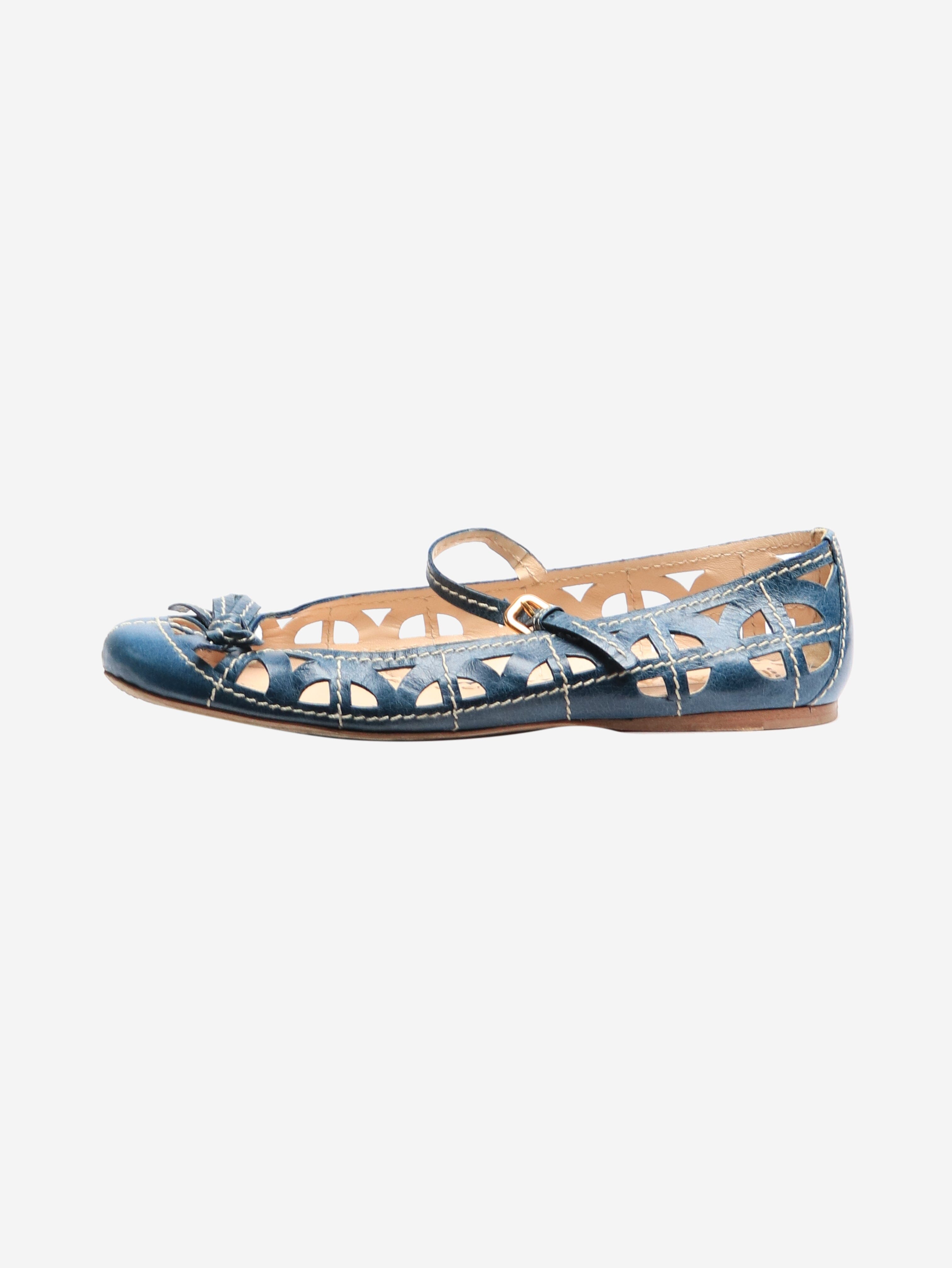 Blue Leather Cutout Mary Jane Flats - Women's Size EU 39 (US 8.5) | Comfortable & Stylish Shoes for Work, Dating & Casual Wear