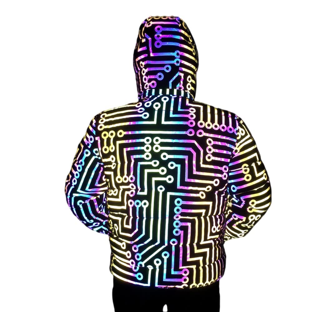 Reflective Cropped Puffer Jacket - Winter Coats for Women, Holographic Rave Outfit with Circuit Pattern (Size L) | Perfect for EDM Festivals, Streetwear & Cold Weather Fashion