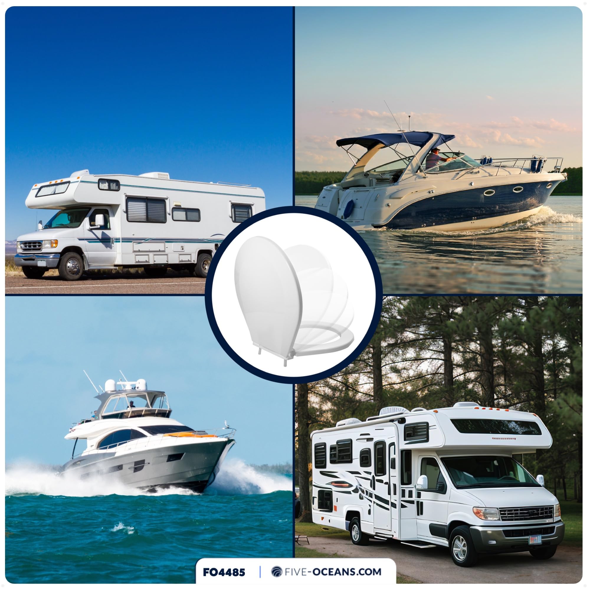 TMC Marine Deluxe Toilet Seat with Cover - Slow Close Quiet Hinges for Boats & RVs, Non-Slip Design, Easy Installation (Model FO4485) - Perfect for Marine Bathrooms, Yachts, and Campers