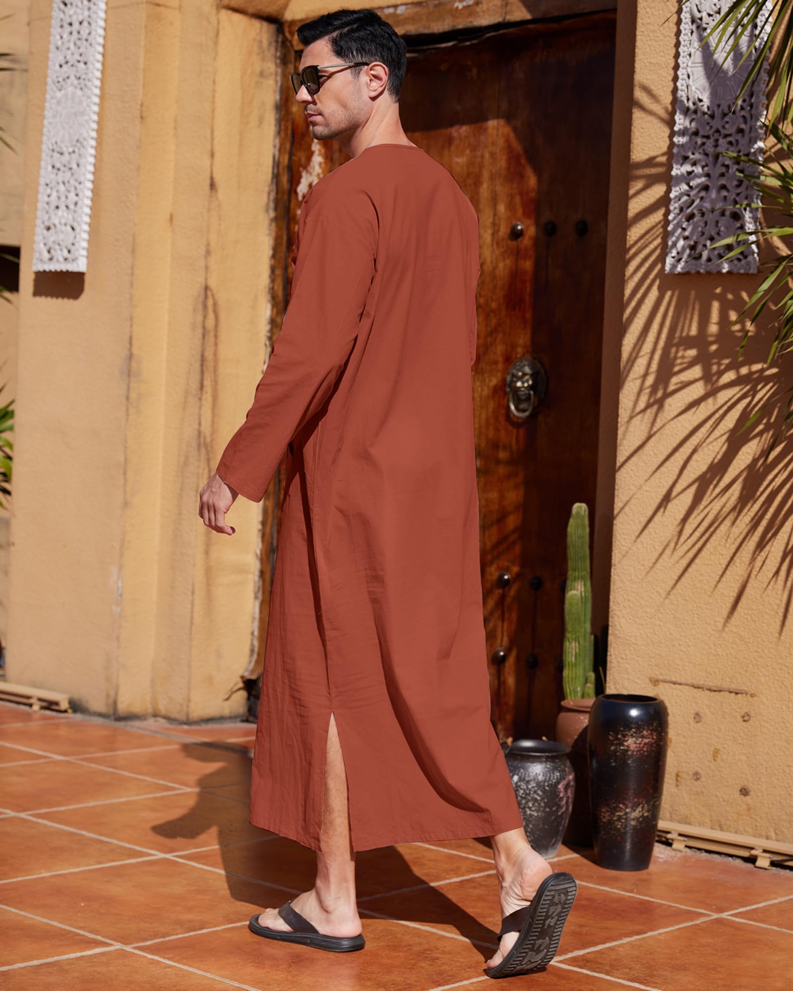 YAOHUOLE Men's Kaftan Thobe - Long Sleeve Islamic Robe with Side Slits & Pockets | Comfortable Casual Wear for Prayer, Home, Beach & Special Occasions