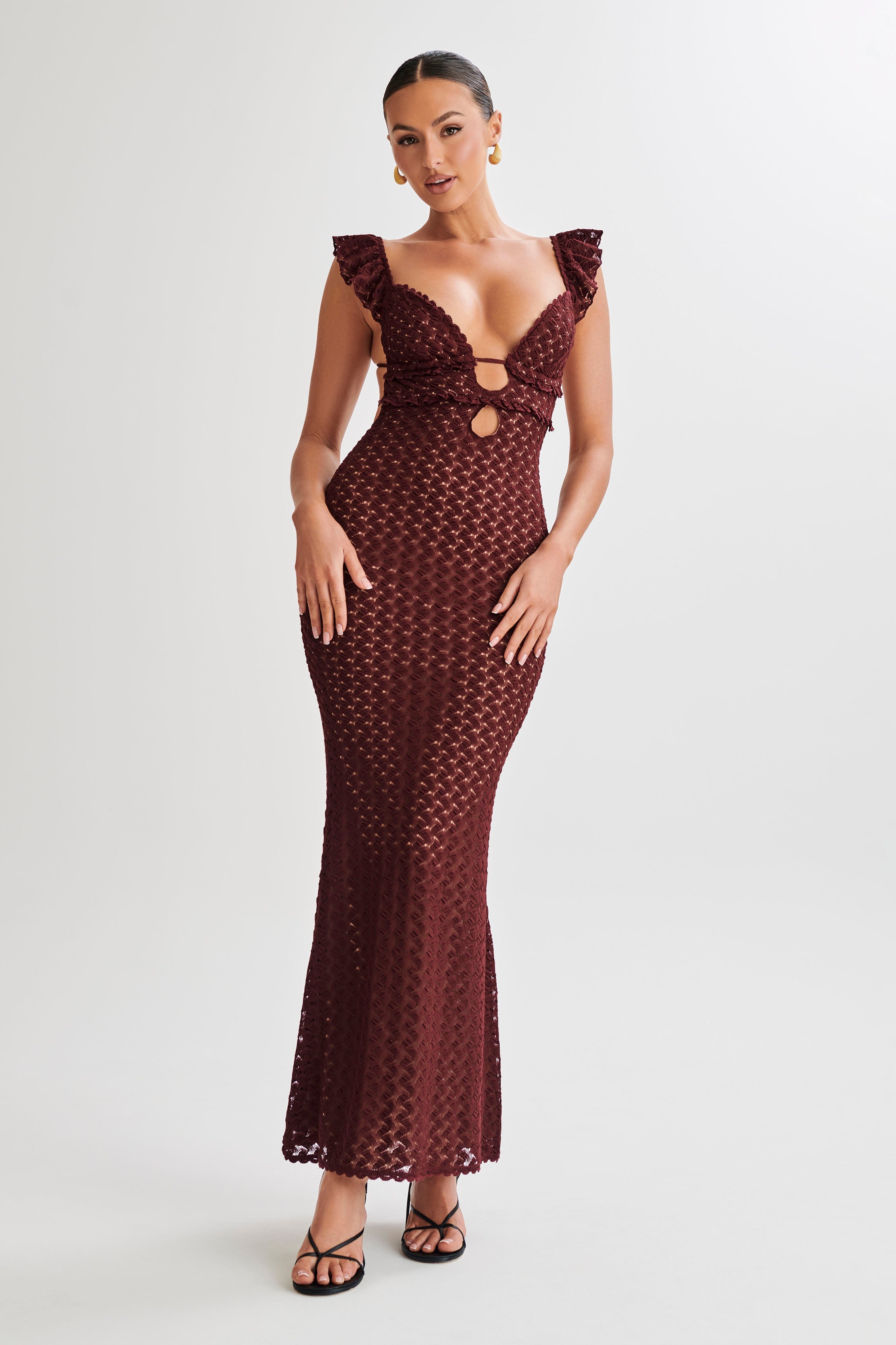 Ezra Lace Maxi Dress for Women - Elegant Plum Long Sleeve Formal Gown for Evening Parties, Weddings & Special Occasions