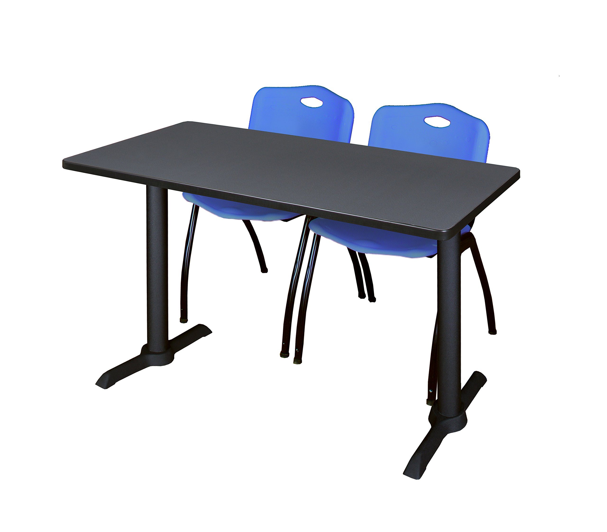 Regency Cain 42 x 24 Inch Grey Training Table with 2 Blue Stackable Chairs - Perfect for Classrooms, Offices & Conference Rooms