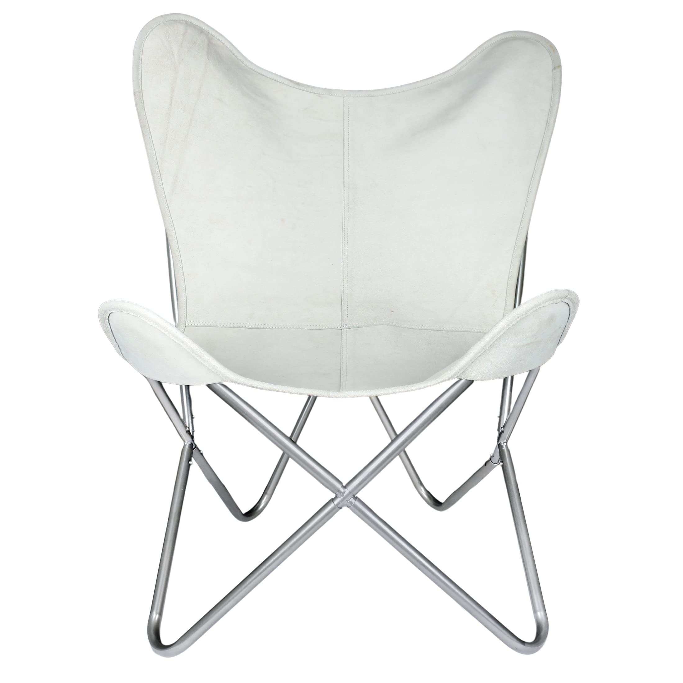 Vintage Leather Butterfly Chair - Hand-Stitched Tan Side, Powder-Coated Folding Iron Frame - Comfortable Lounge Armchair for Living Room, Bedroom & Patio - Home Decor Accent Piece (White)
