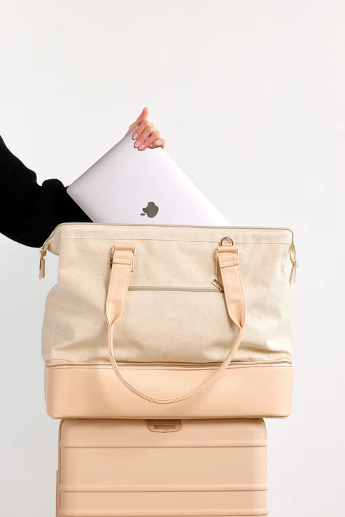 Stylish Beige Convertible Weekender Bag - Perfect for Travel, Gym & Weekend Getaways | Durable & Versatile Carry-On Tote