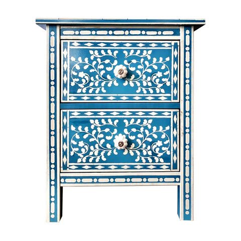 Handmade Bone Inlay Blue Floral Nightstand with Two Drawers - Vintage Bedside Table for Bedroom Decor, Perfect as Lamp Stand or Jewelry Storage