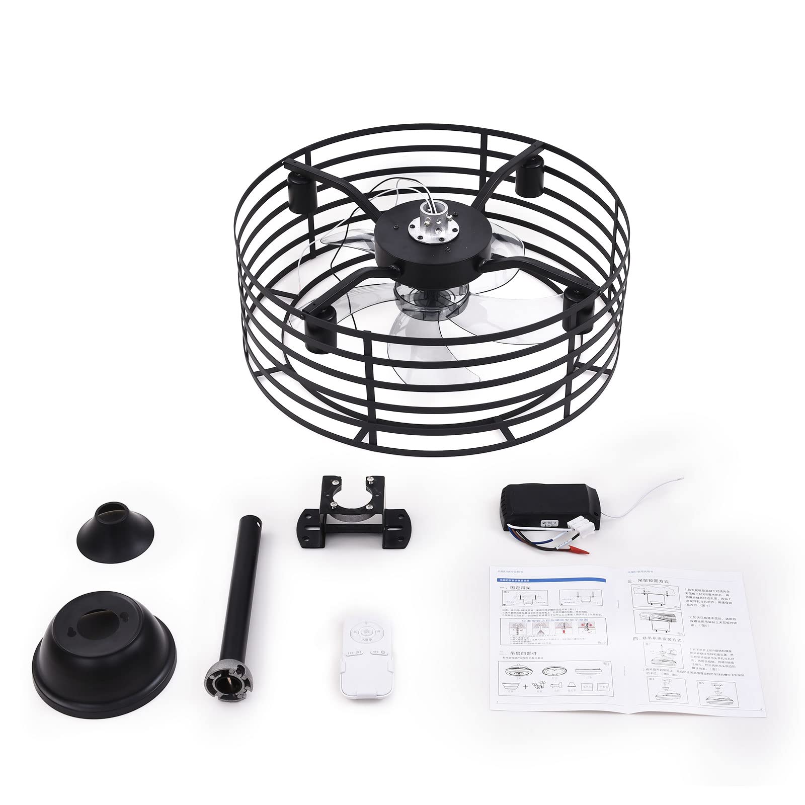 20 Inch Farmhouse Ceiling Fan with Remote Control - Industrial Metal Cage Light Fixture, Rustic Style Indoor/Outdoor Ceiling Fan with LED Lights - Perfect for Living Room, Bedroom, Patio & Porch