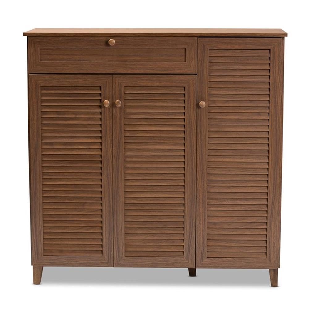 Baxton Studio Coolidge 11-Shelf Modern Shoe Storage Cabinet with Drawer - Walnut Finish Wooden Organizer for Entryway, Closet & Bedroom