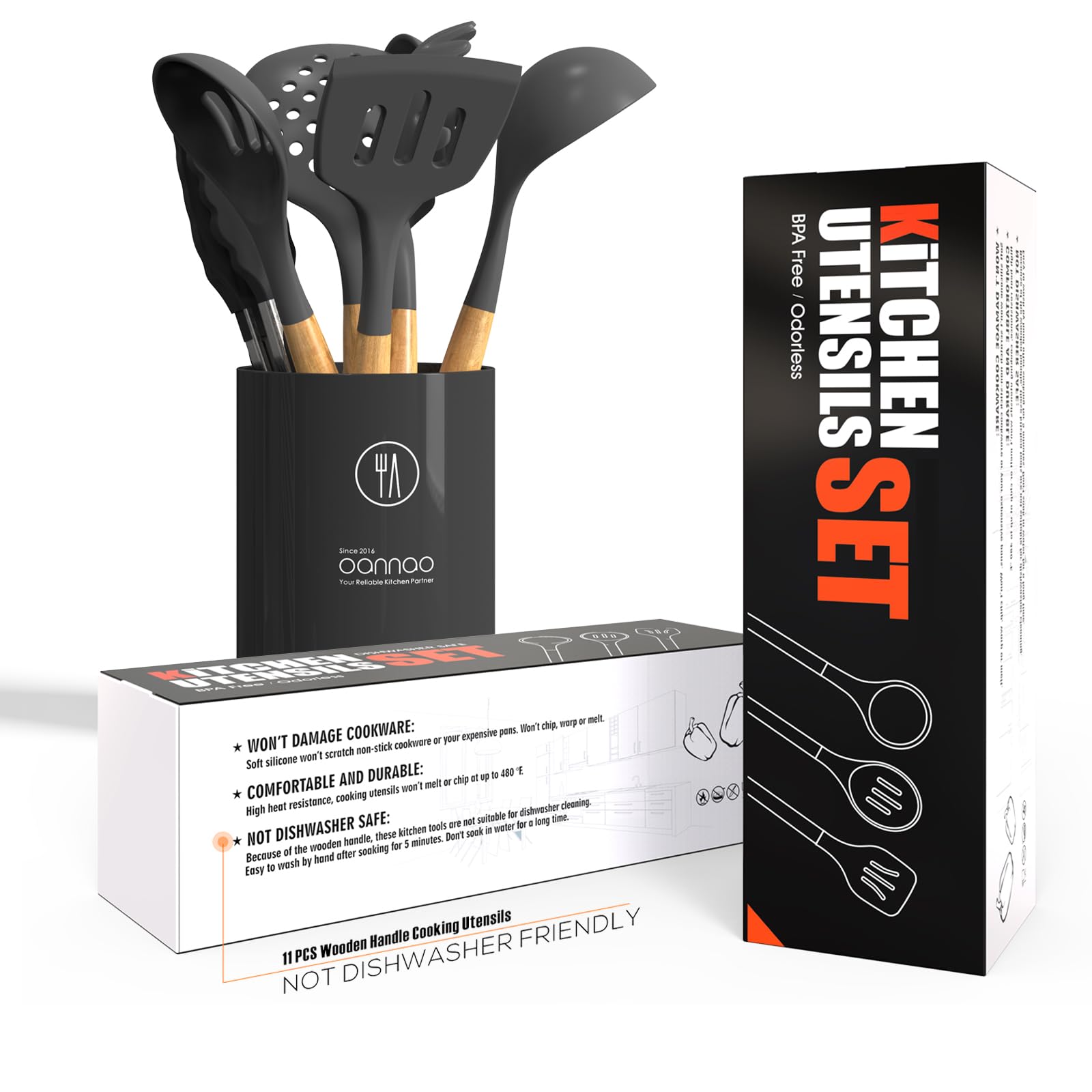 Heat Resistant Silicone Cooking Utensils Set - 446°F Nonstick Kitchen Tools with Spatula, Turner, Tongs, Spoon, Brush & Whisk | BPA Free & Dishwasher Safe | Perfect for Nonstick Pans, Baking & Everyday Cooking (Gray)