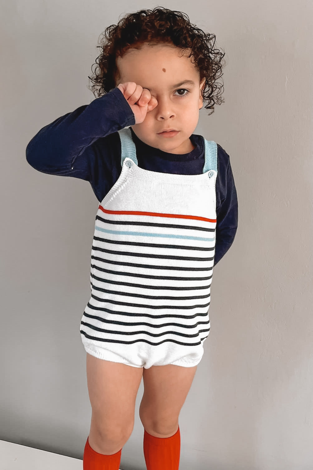 Archer Navy & Red Stripe Knit Dungaree Romper for Women - Casual Summer Jumpsuit with Pockets | Perfect for Beach, Picnic & Outdoor Activities