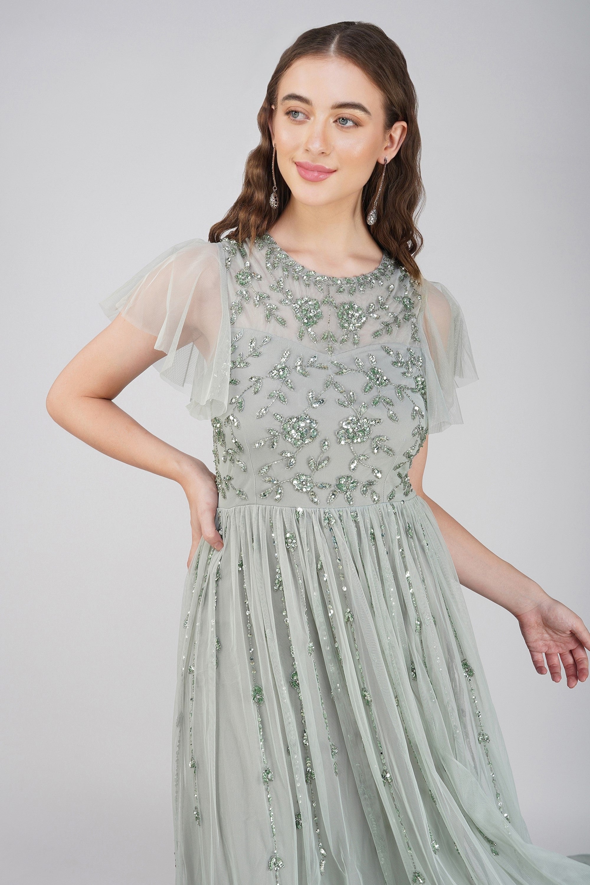 Marly Sage Green Embellished Maxi Dress for Women - Elegant Long Flowy Evening Gown with Intricate Details - Perfect for Weddings, Parties & Special Occasions