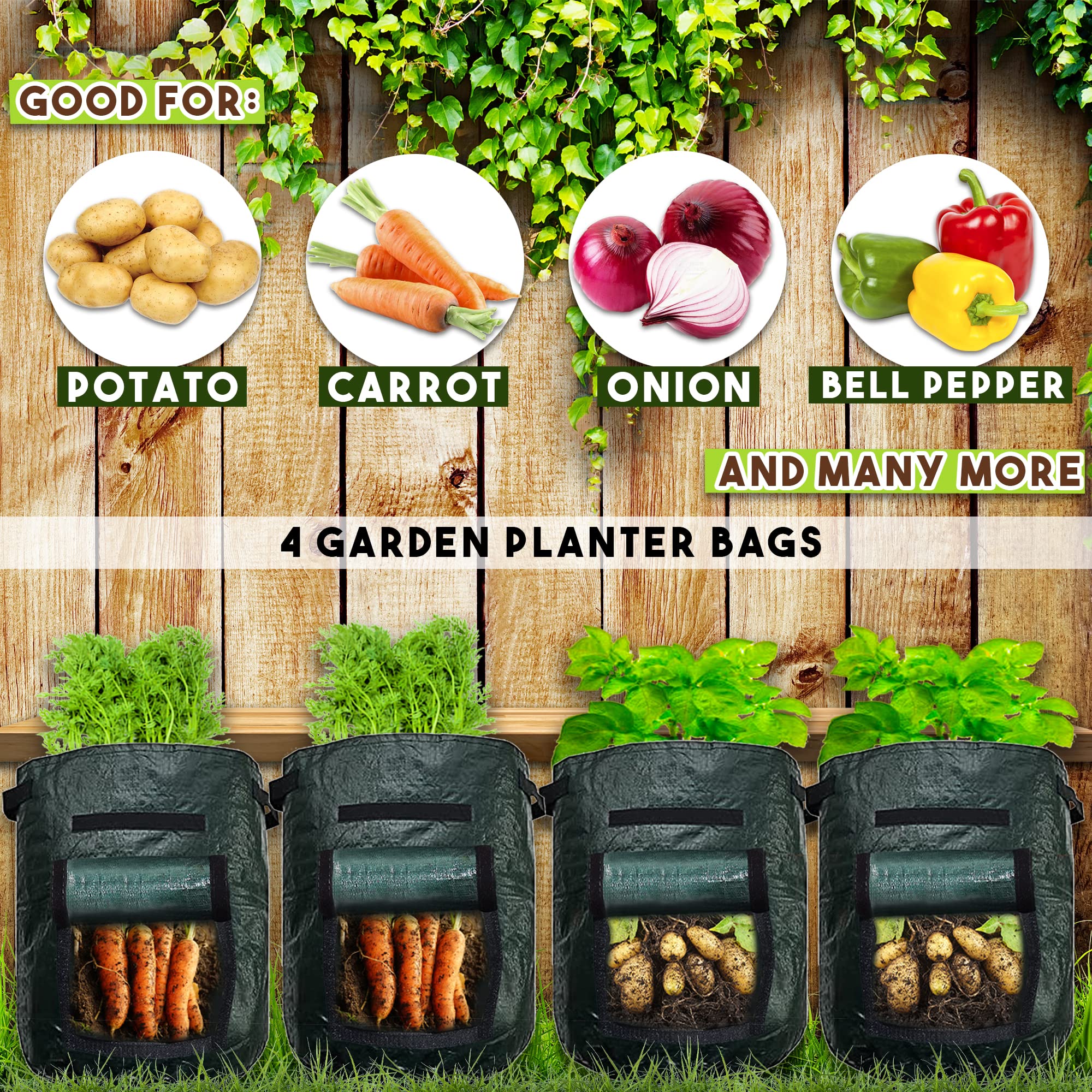 Upstreet Garden Grow Bags 4 Pack - Heavy Duty Fabric Planting Pots for Carrots, Tomatoes, Onions & Potatoes with Flap | Eco-Friendly Plant Containers | Perfect for Indoor Gardening, Balcony Planting & Urban Farming
