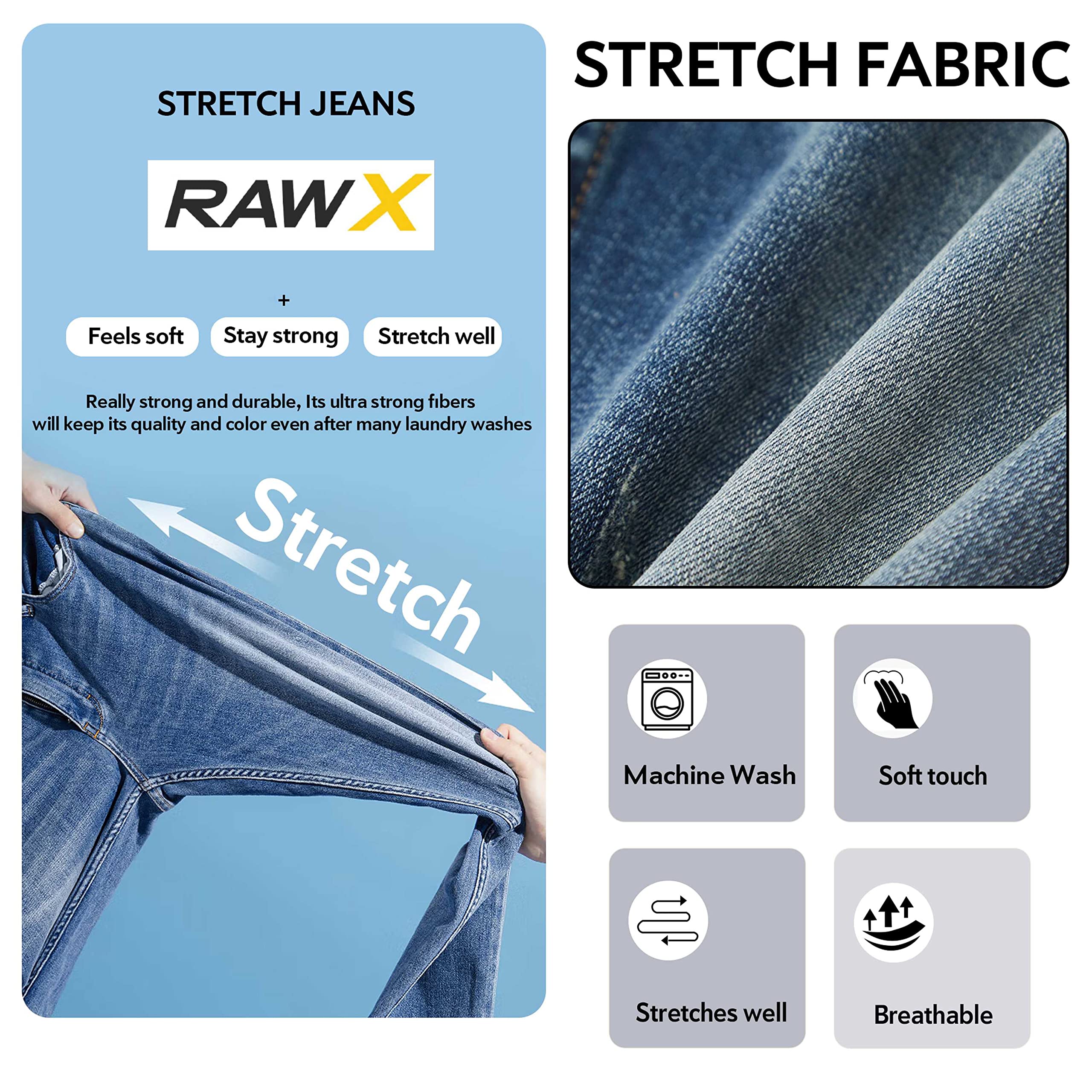 RAW X Men's Skinny Jeans - Washed Ripped Distressed Moto Stretch Denim Biker Pants for Men | Slim Fit Stretchable Jeans for Casual Wear, Night Out & Motorcycle Riding
