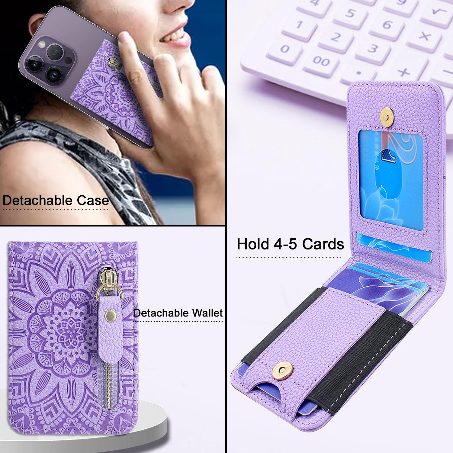 Lacass Zipper Card Holder with Kickstand - Adhesive Phone Wallet for iPhone, Samsung, Moto, BLU, Nokia & Most Smartphones (Floral Light Purple) - Perfect for Hands-Free Viewing, Secure Card Storage & Everyday Convenience