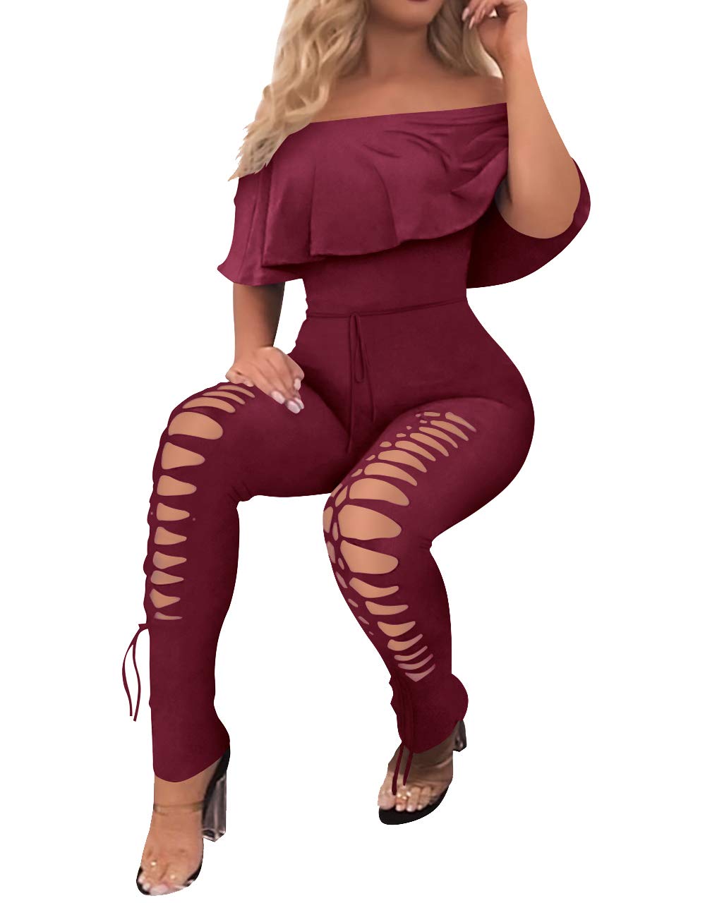 PRETTYGARDEN Women's Sexy Off Shoulder Bodycon Jumpsuit - Summer Ruffle Sleeve Hollow Out Romper for Club, Party & Date Night Outfits | Trendy Casual Dress