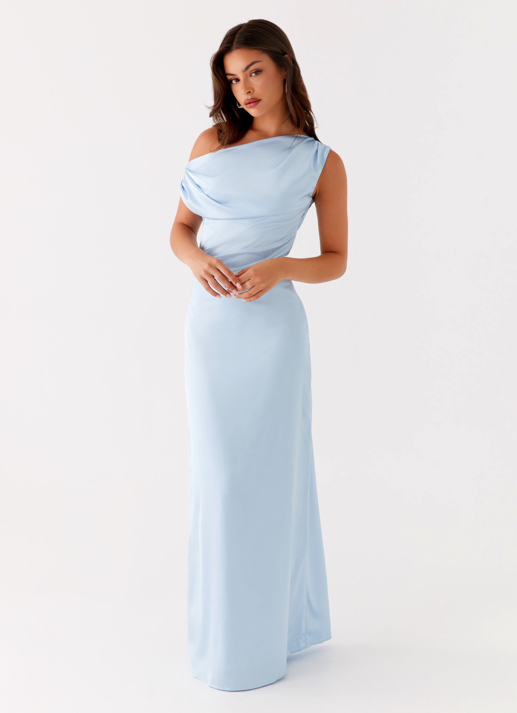 Heart of Glass Satin Maxi Dress in Blue - Elegant Formal Gown for Evening Parties, Weddings & Special Occasions