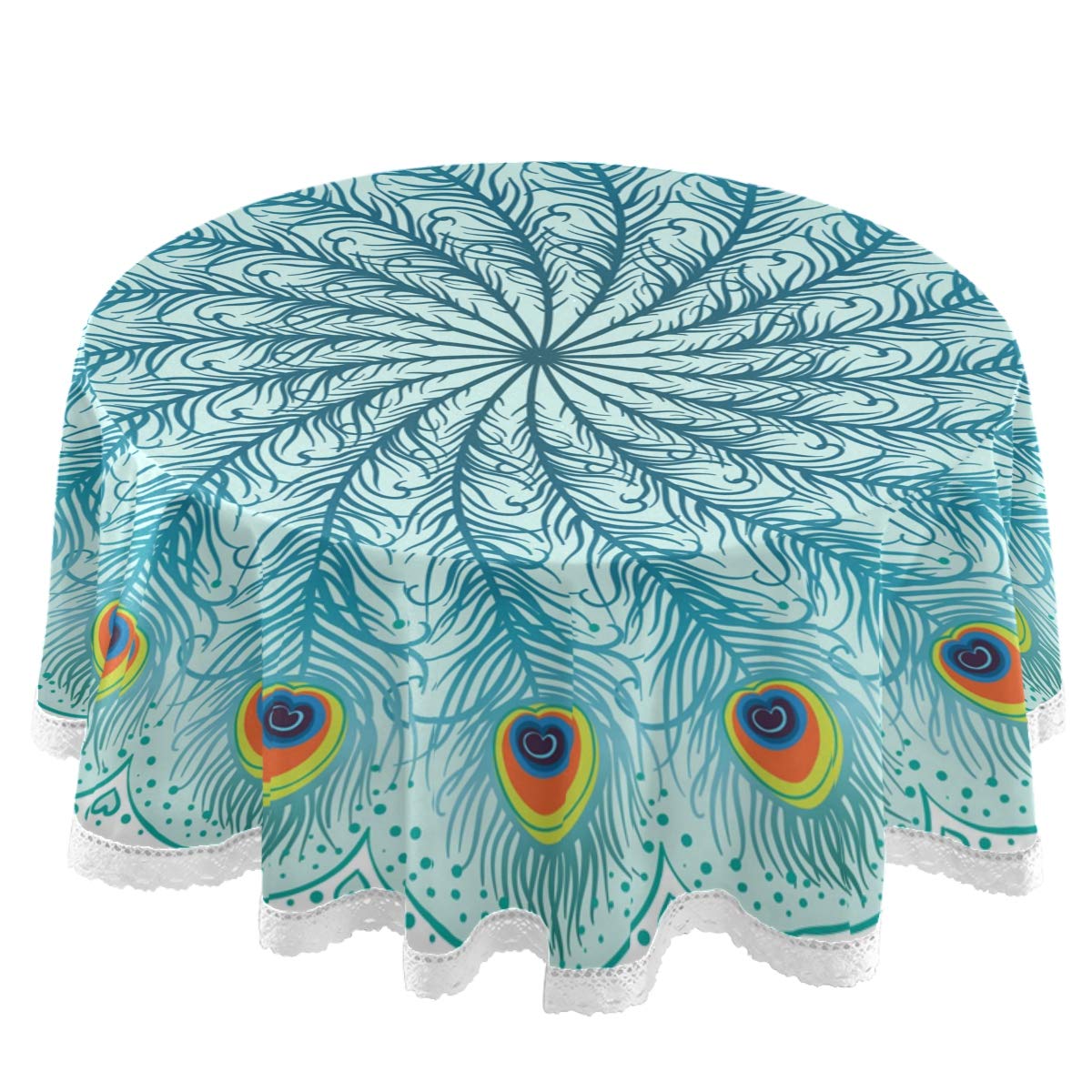 Peacock Feather Mandala Round Tablecloth - 60 Inch White Lace Polyester Table Cover for Parties, Weddings & Home Decor | Traditional Indian Design for Dining Table Decoration