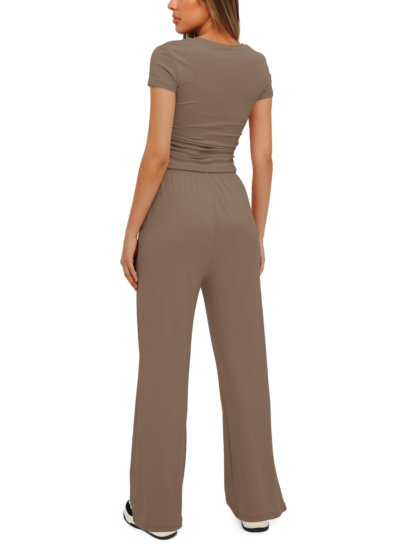 Darong Women's 2 Piece Lounge Set - Ruched Short Sleeve Top & High Waisted Wide Leg Pants Tracksuit Outfit | Casual Wear, Yoga, Home Comfort, Street Style Fashion