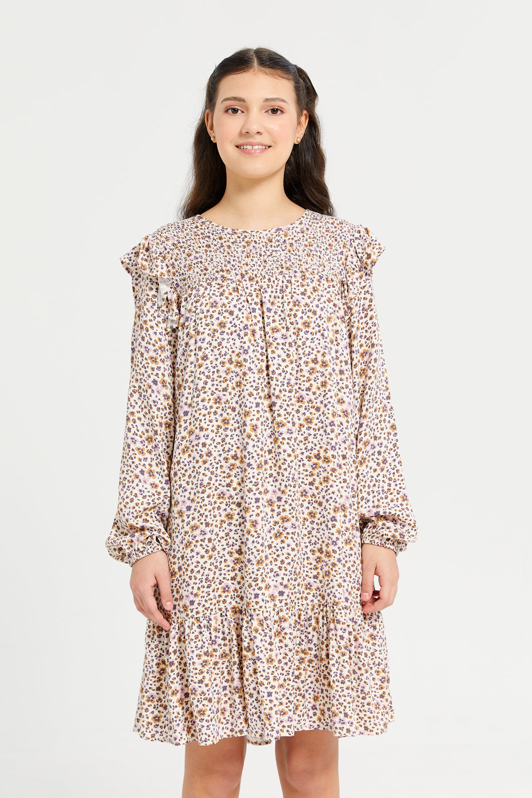 Animal Print Long Sleeve Smocked Dresses for Women - Boho Chic Floral Midi Dress for Party, Date Night & Special Occasions