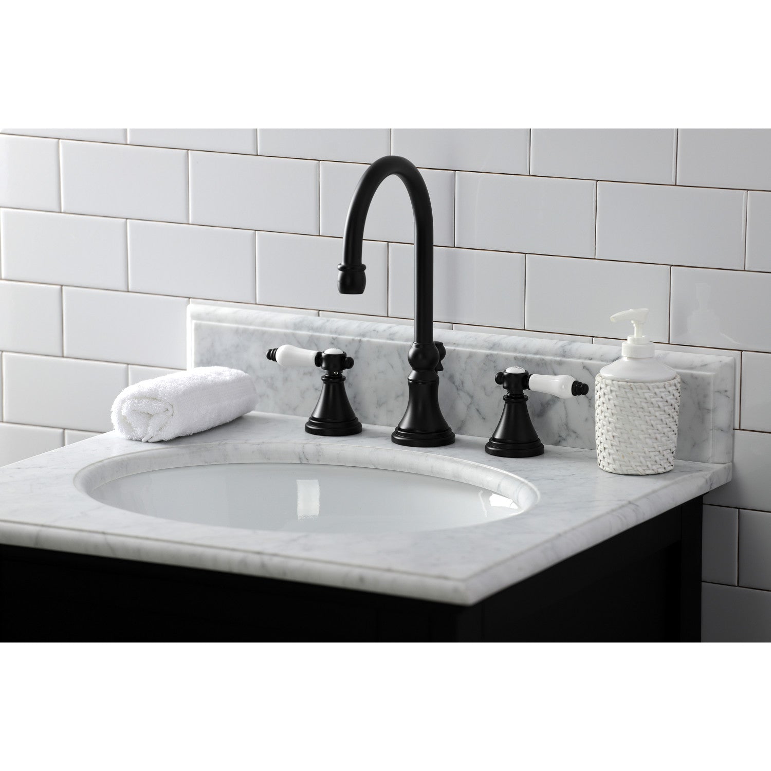 Bel Air KS2980BPL Matte Black Widespread Bathroom Faucet - 2 Handle 3 Hole Deck Mount with Brass Pop Up Drain - Perfect for Modern Bathroom Vanities & Sink Upgrades