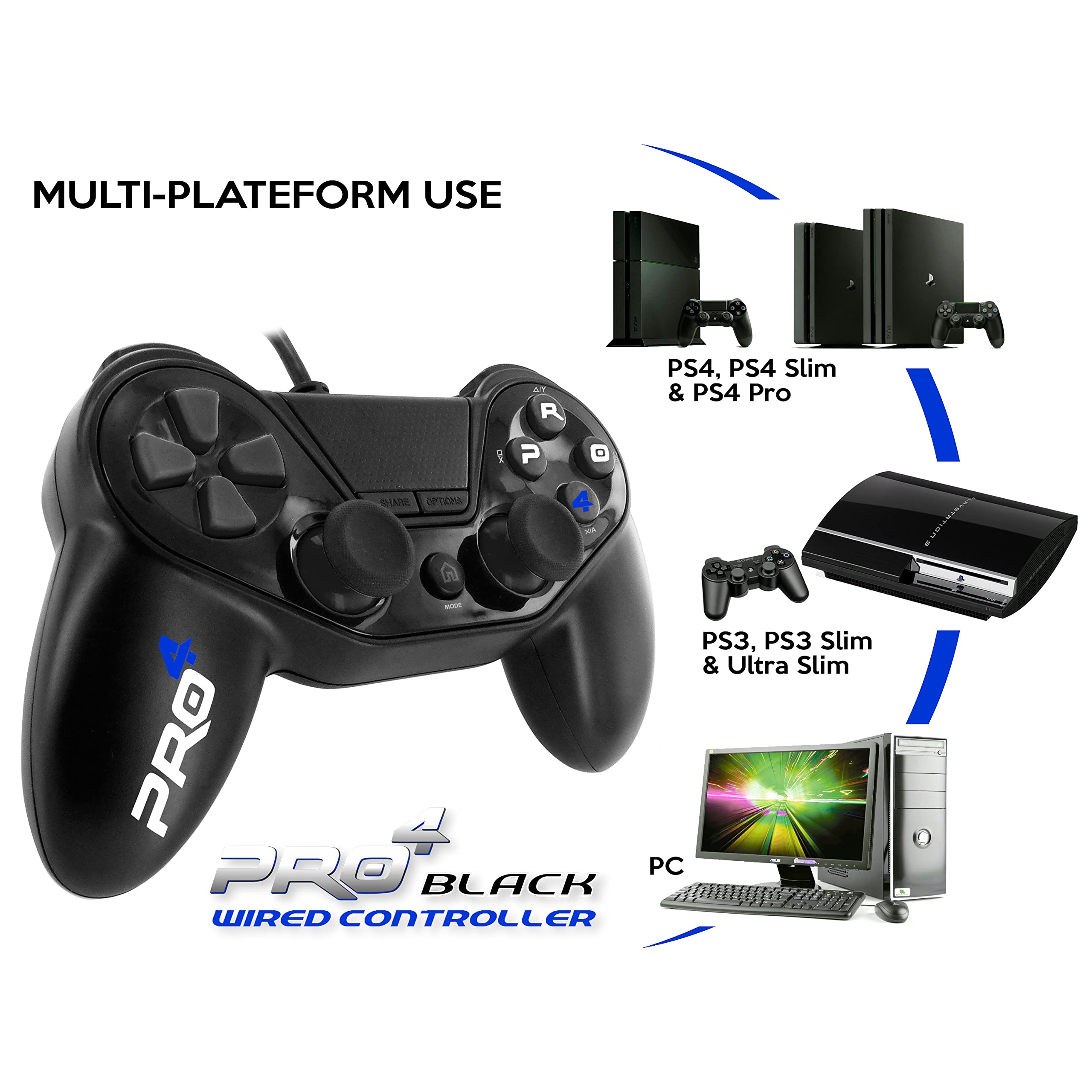 Subsonic Pro4 Wired Gaming Controller for PlayStation 4, PS4 Slim, PS4 Pro, PlayStation 3, PS3 Slim - Black | Compatible with PS4 & PS3 Games | Perfect for FPS, Racing & Fighting Games
