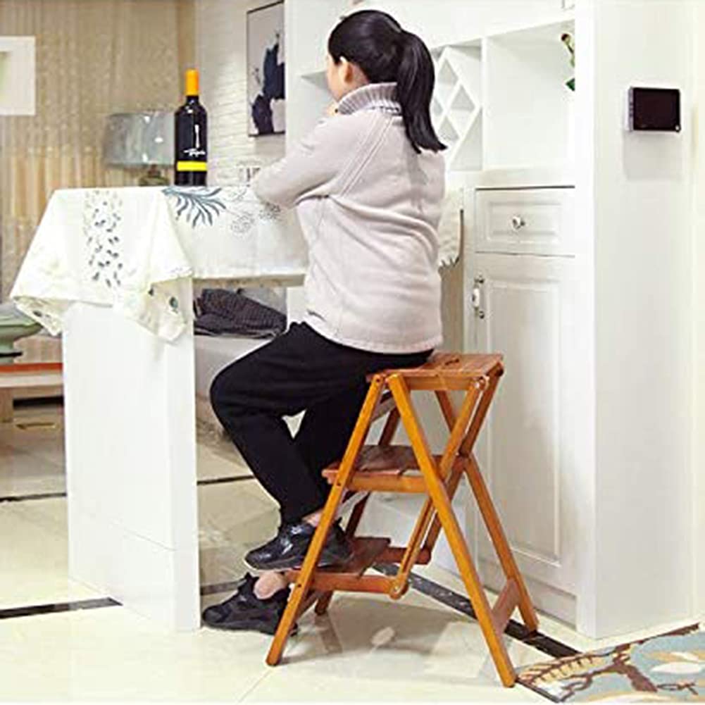 3-Step Foldable Wooden Ladder Stool - Non-Slip Safety Step Stool for Home, Kitchen, Bathroom, and Garage - Multi-Level Storage Shelf & High Chair for Kids and Adults - Space-Saving Foldable Design