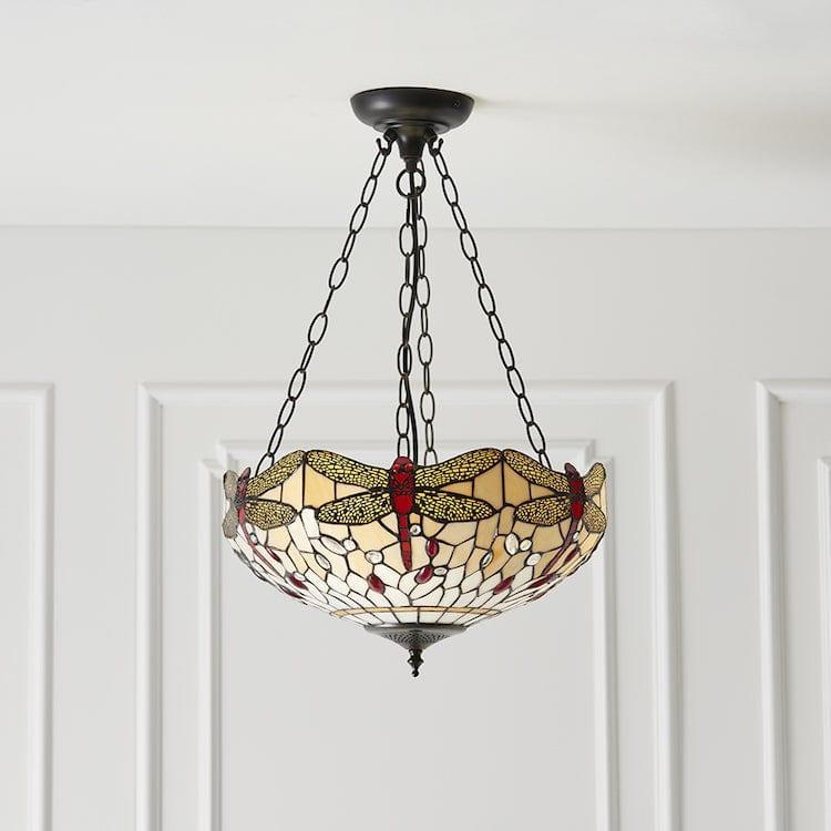 Beige Dragonfly Tiffany Style Inverted Ceiling Light - Elegant Vintage Home Decor for Living Room, Bedroom, or Dining Area