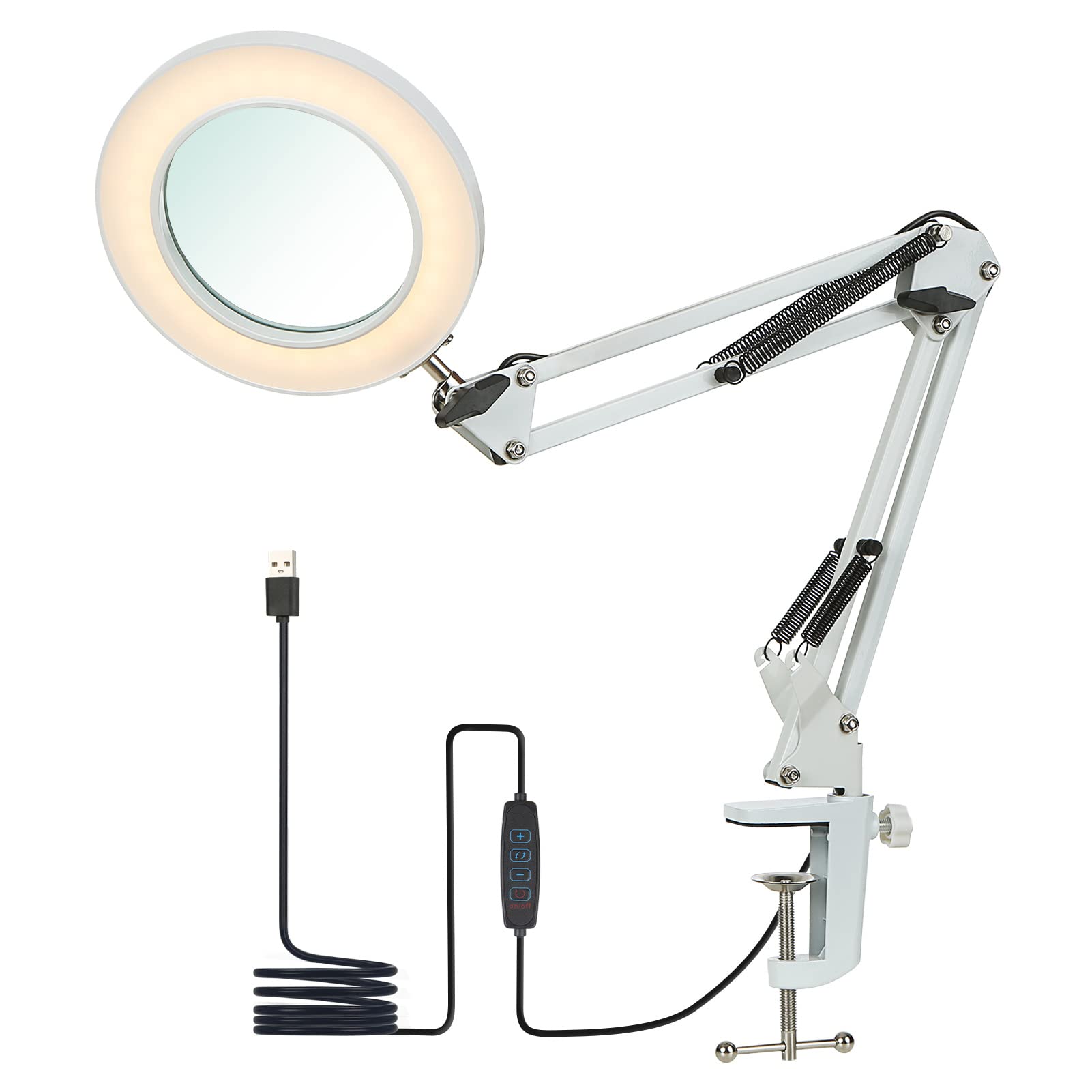 Jabey Flexible Clamp-on Table Lamp with 8X Magnifier - Adjustable Swing Arm LED Desk Light, 3 Color Modes & 10 Brightness Levels - Perfect for Reading, Working, Studying, Crafts, and DIY Projects
