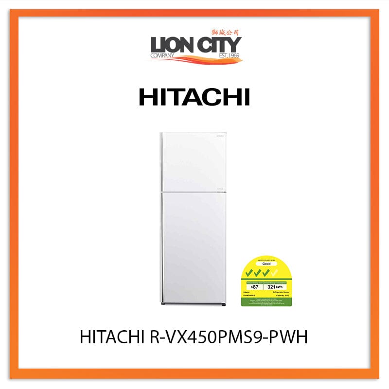 Hitachi 366L 2-Door Refrigerator R-VX450PMS9 PWH - Energy Efficient Fridge for Home, RV & Small Spaces - Perfect for Kitchens, Garages & Camping Trips