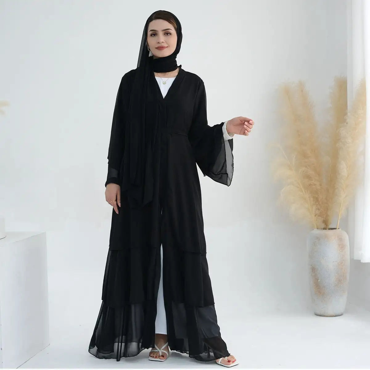 Elegant Chiffon Muslim Women's Open Abaya Dress - Modest Islamic Prayer Dress for Women, Perfect for Prayer, Mosque, and Special Occasions