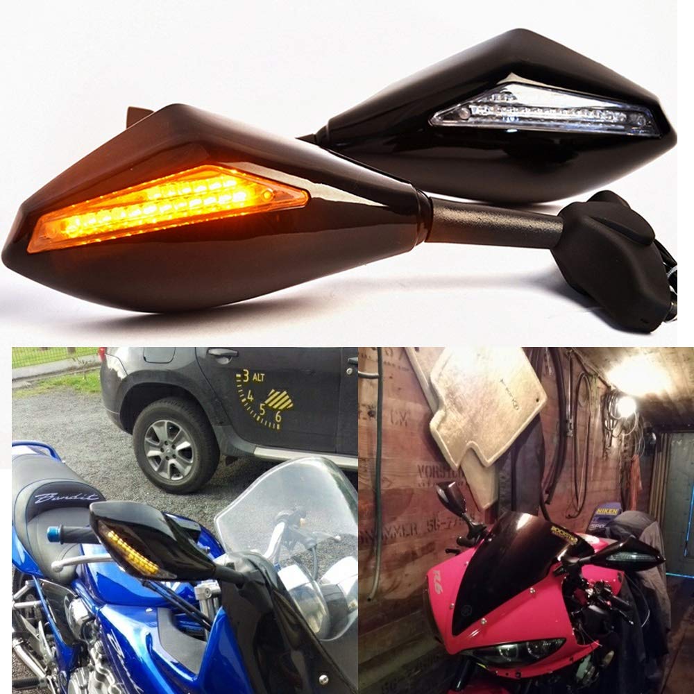 Gloss Black LED Turn Signal Rear View Mirrors (2pcs) - Compatible with Yamaha YZF R1 R6 FZ1 FZ6 600R R3 - Enhanced Visibility & Safety for Night Riding & Urban Commuting