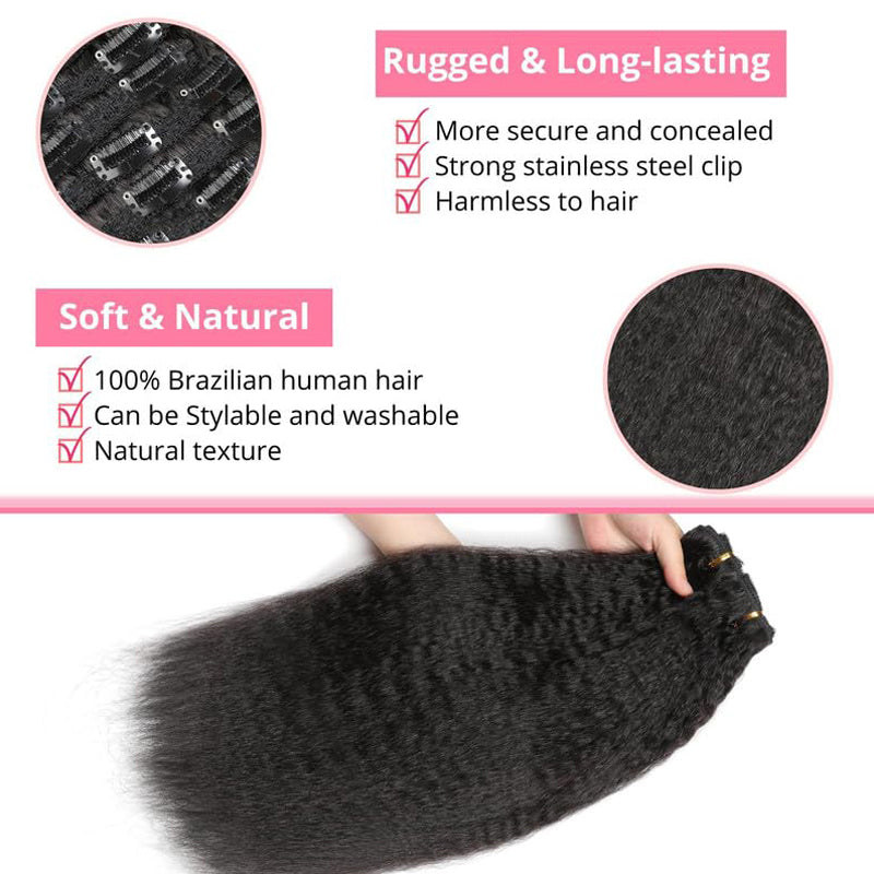 Eullair Kinky Straight Clip-in Hair Extensions - 100% Remy Human Hair, 8PCS Set with 20 Clips, Double Weft 120g for Black Women - Perfect for Styling, Parties & Everyday Wear