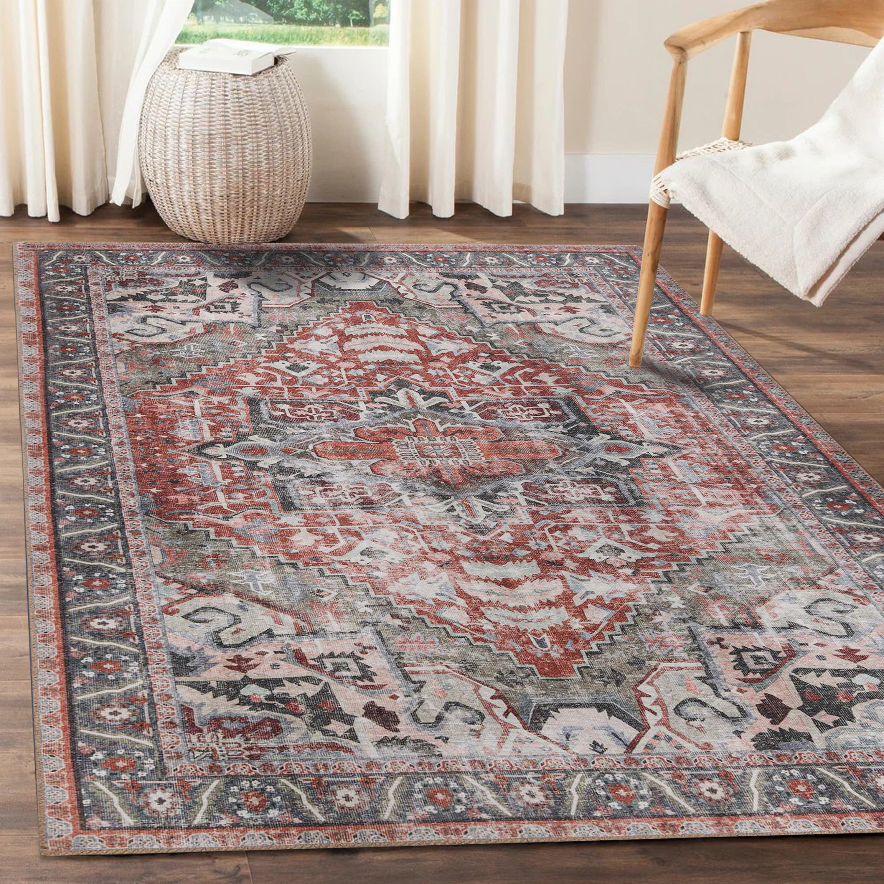 Rustic Medallion Border Indoor Area Rug & Runner - Handmade Vintage Design for Living Room, Bedroom, or Entryway Decor
