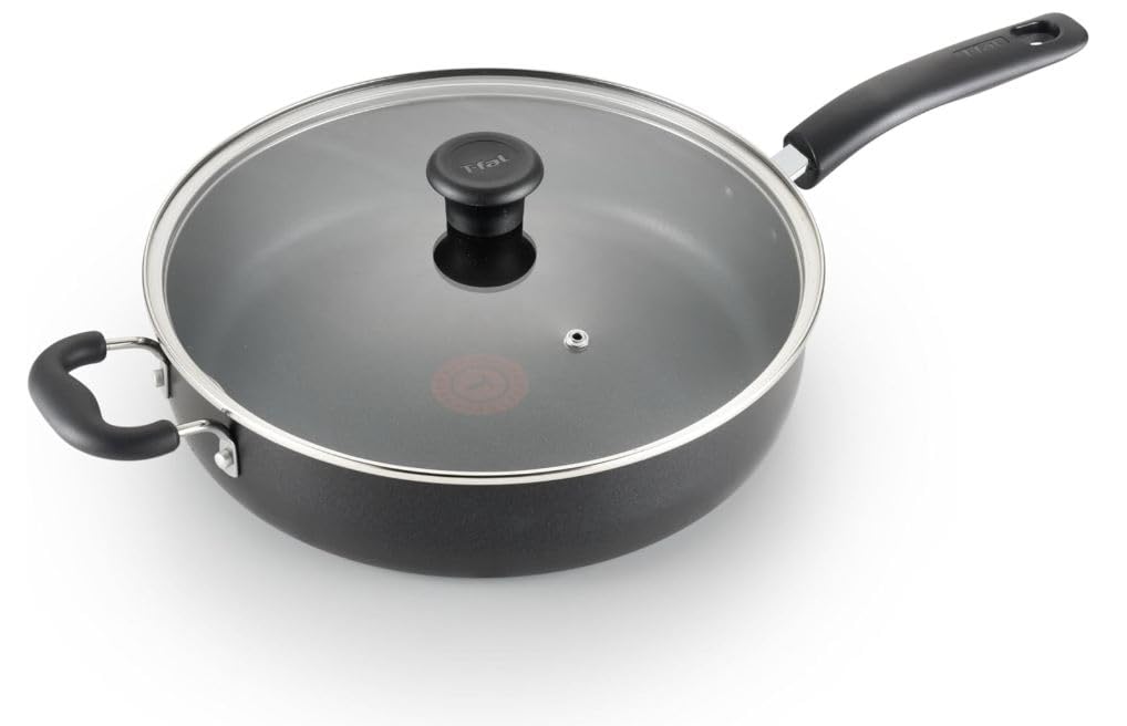 T-fal 5 Quart Nonstick Saute Pan with Glass Lid - Oven & Broiler Safe to 350°F, Deep Frying Skillet with Ergonomic Handle - Dishwasher Safe Black Cookware for Sauteing, Frying & Baking - Perfect for Home Kitchens & Professional Cooking