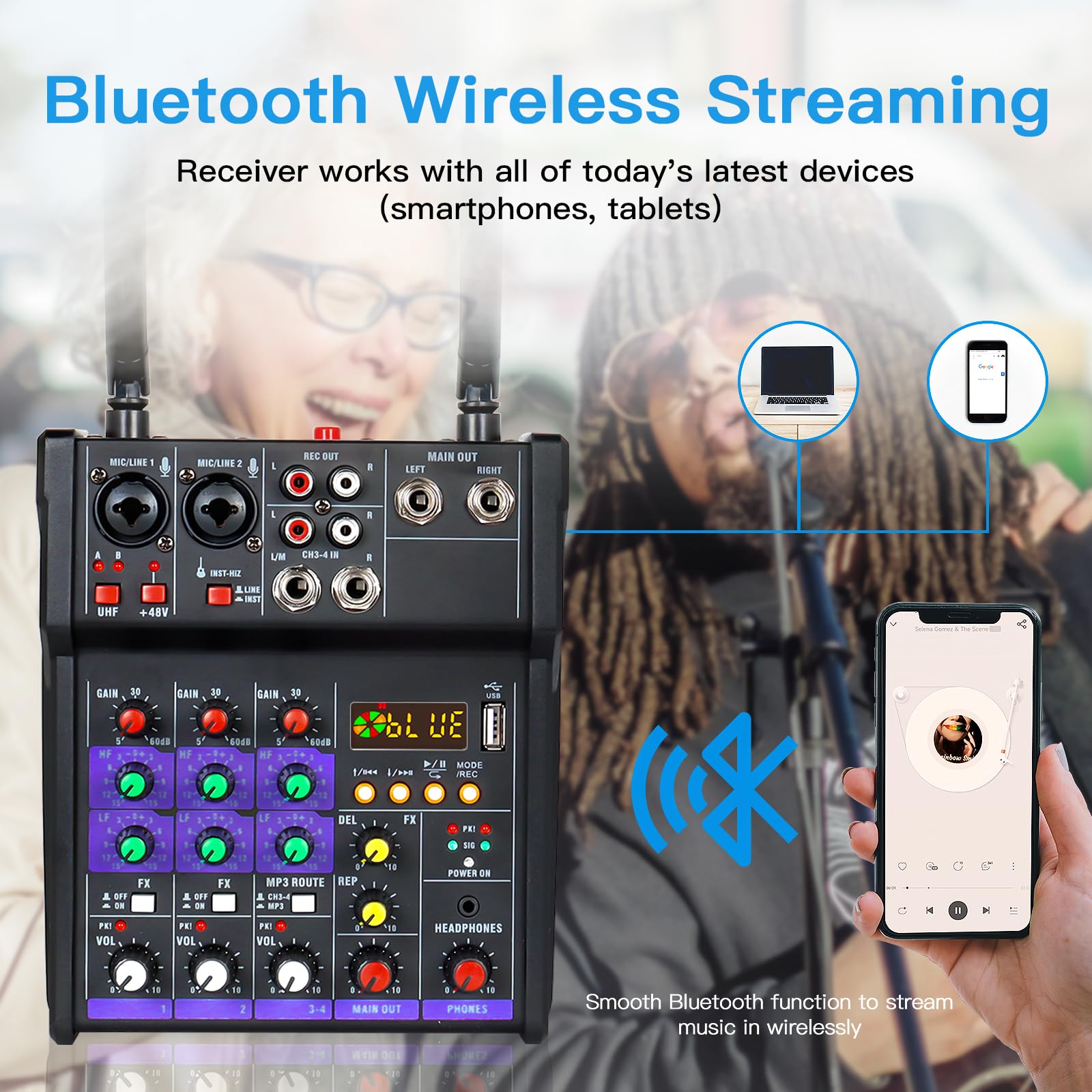 4 Channel DJ Audio Mixer with Bluetooth, USB & 48V Phantom Power - Dual Wireless Microphone Sound Board for Home Karaoke, Studio Recording & Live Performances | Perfect for DJs, Musicians & Podcasters