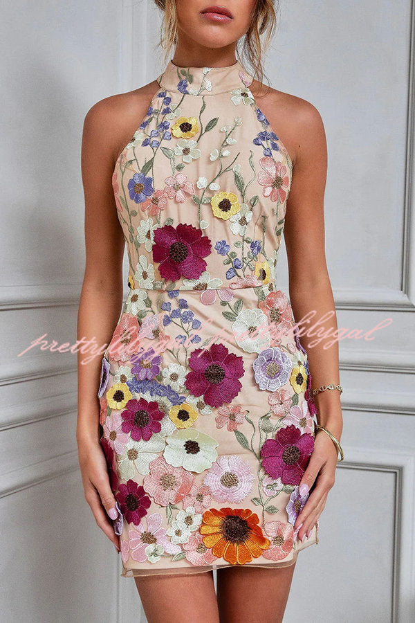 Floral Applique Halter Mini Dress for Women - Elegant Summer Party & Wedding Guest Outfit