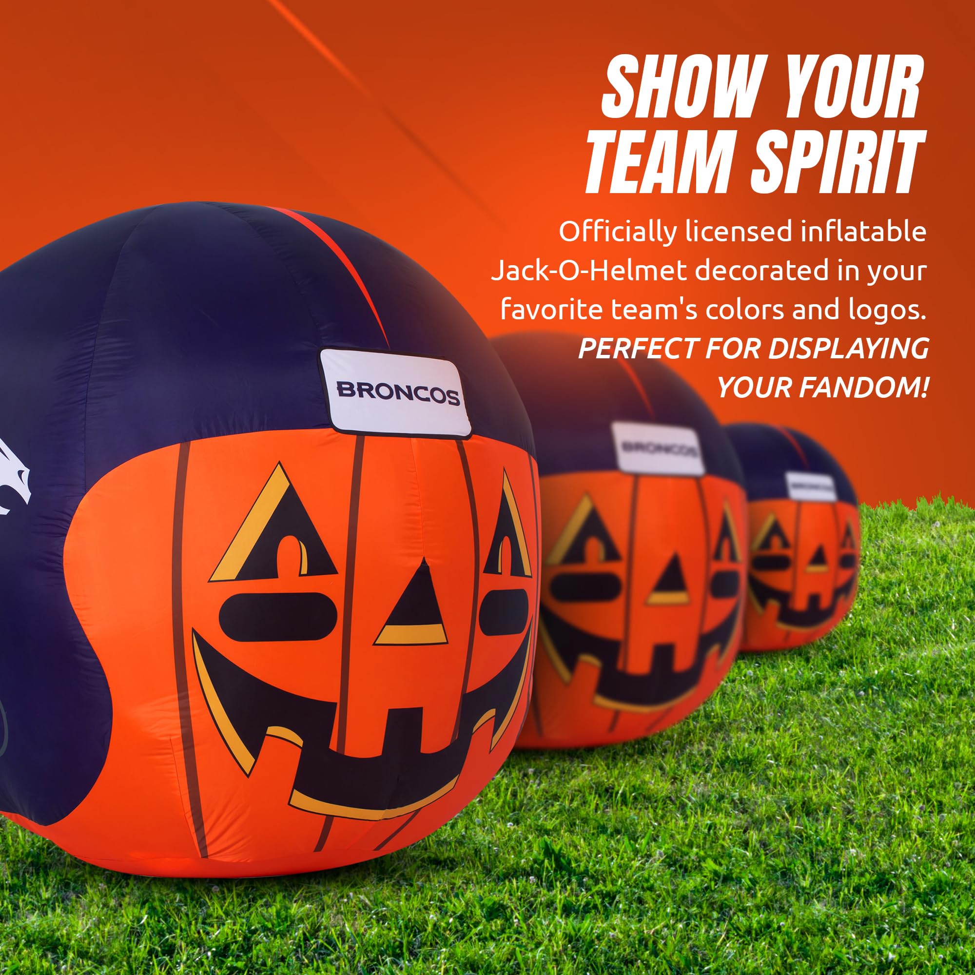 NFL Denver Broncos 4ft LED Light-Up Inflatable Jack-O’-Helmet with Built-in Blower - Halloween Yard Decoration for Lawn, Front Yard, Backyard & Football Party Decor