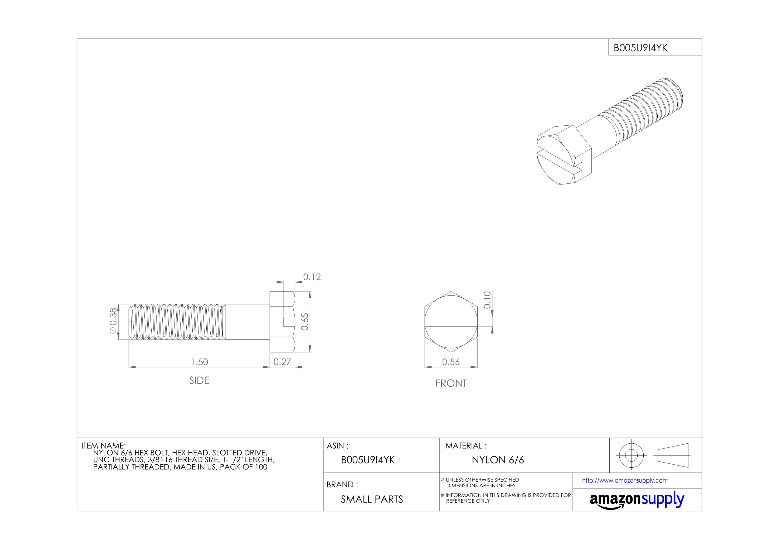 US-Made Nylon 6/6 Hex Bolt 1/4