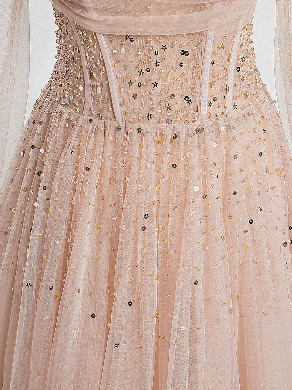 Elegant Champagne Pink Tulle Beaded Long Prom Dress for Evening Gala & Formal Events - Perfect for Homecoming, Wedding Guest, and Special Occasions
