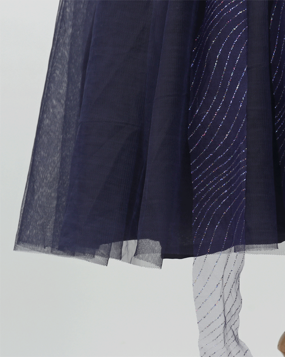 Pre Order: Navy Blue Girls Flower Embellished Party Gown with Net and Crepe Lining | Elegant Flower Girl Dress for Weddings, Birthday Parties & Special Occasions