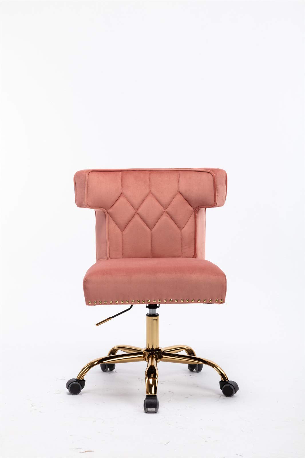 Modern Velvet Swivel Wingback Chair - Adjustable Height Office Chair for Home & Office, Pink Lounge Chair with Movable Metal Casters - Perfect for Living Room, Bedroom, Makeup & Dressing Area