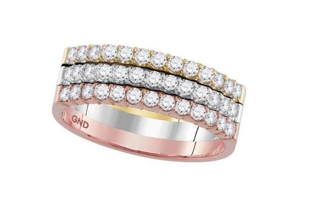 14K Tri-Tone Gold Diamond Machine Set Women's Band Ring - 3/4 Carat TW, Elegant Stackable Wedding Ring for Bridal Jewelry & Anniversary Gifts